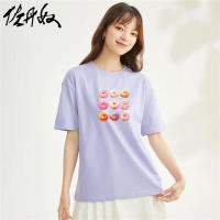 佐丹奴T恤女装印花纯棉圆领短袖T恤99394065 01蓝紫色 L