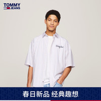 TOMMY JEANS24新款春季男装纯棉府绸刺绣条纹宽松短袖衬衫DM0DM18955