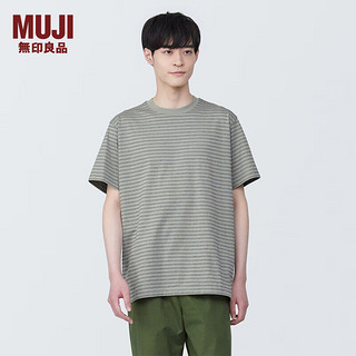 无印良品（MUJI）男式 天竺织 圆领短袖T恤 男士打底衫男款 早春AB1MKA4S 浅绿色条纹 L (175/100A)