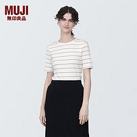 无印良品（MUJI） 女式 弹力罗纹织 圆领短袖T恤打底衫女款内搭五分袖早春 白色条纹 M  160/84A