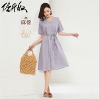 佐丹奴裙子女装天然麻棉梭织V领褶皱绑带薄短袖连衣裙05464324 78梦幻紫 L