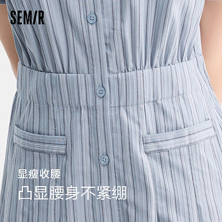 森马（Semir）连衣裙女翻领长裙文艺温柔系2024夏季收腰百褶衬衫裙通勤 蓝色调00388-长款 150/76A/XS