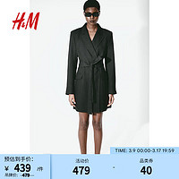 H&M女装2024春季气质通勤腰部系带西装式连衣裙1213162 黑色 155/80A