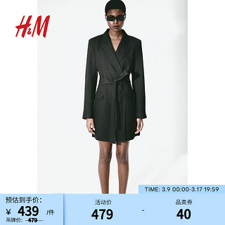 H&M女装2024春季气质通勤腰部系带西装式连衣裙1213162 黑色 1