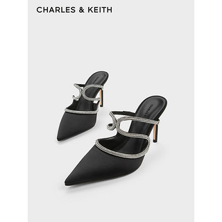 CHARLES&KEITH24春链条尖头细高跟包头凉穆勒拖CK1-60280428 BLACK TEXTURED黑色纹理 36