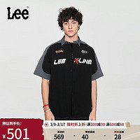 Lee24春季舒适版赛车元素字母印花设计翻领黑色男短袖衬衫潮 黑色 M