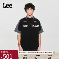 Lee 李赛车元素字母印花翻领男短袖衬衫 黑色 M