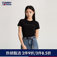 TOMMY JEANS【美式休闲】24春夏女装纯棉刺绣修身净色短袖T恤17827 黑色BDS M