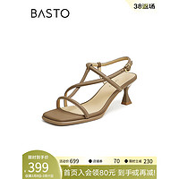 百思图（BASTO）2024夏季时尚简约复古条带罗马细高跟女凉鞋TT206BL4【】 啡绿 36