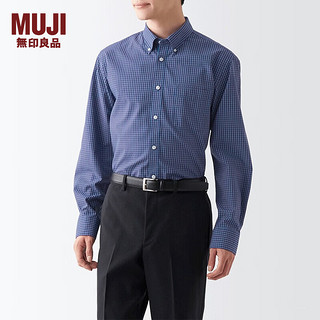 无印良品 MUJI 男式 不易褶皱 纽扣领 长袖衬衫 休闲百搭衬衫 ACL03A2A 藏青色格纹 S