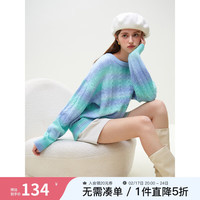 范思蓝恩 圆领绞花毛针织衫女冬装渐变宽松毛衣外套 蓝绿色 L