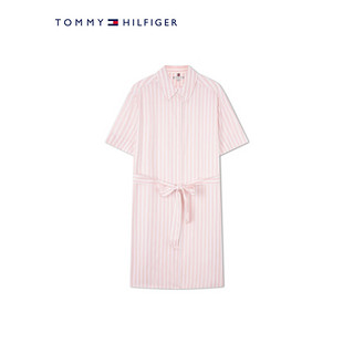 TOMMY HILFIGER【清爽条纹】24春夏女装系带斜纹中长宽松衬衫连衣裙42035 粉白条纹0D1 36