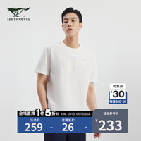 七匹狼短袖T恤男夏季时尚休闲罗马布大狼标图案圆领t恤舒适透气宽松男装 180/96A/XXL 803(本白)