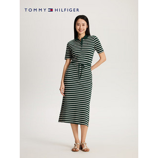 TOMMY HILFIGER【侧边开叉】24春夏女装通勤系带收腰POLO连衣裙42030 绿白条纹0CG XS