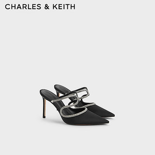 CHARLES&KEITH24春链条尖头细高跟包头凉穆勒拖CK1-60280428 BLACK TEXTURED黑色纹理 40