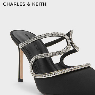 CHARLES&KEITH24春链条尖头细高跟包头凉穆勒拖CK1-60280428 BLACK TEXTURED黑色纹理 40