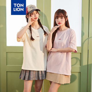 唐狮 TONLION短袖T恤女24夏季前胸小文字圆领简约风宽松半袖上衣女士 雾霾粉 S