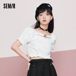 semir森马短袖衬衫女短款修身方领荷叶边2022夏季新款优雅衬衣甜酷