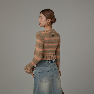 CHUU木耳边条纹针织衫女2024年春季时髦洋气喇叭袖开衫短外套 咖啡色 均码