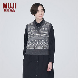 无印良品（MUJI）女式 美利奴羊毛 图案织 V领背心马甲 针织衫休闲百搭 BA1ODA3A 炭灰色图案 XXL（170/96A）