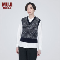 無印良品 MUJI(無印良品 )女式 美利奴羊毛 图案织 V领背心马甲 针织衫休闲百搭 BA1ODA3A 藏青色图案 L(165/88A)