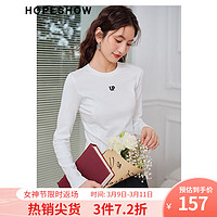 HOPESHOW 红袖 字母绣正肩长袖T恤春季2023女装圆领设计感显瘦百搭打底上衣 本白001 S