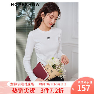 HOPESHOW 红袖 字母绣正肩长袖T恤春季2023女装圆领设计感显瘦百搭打底上衣 本白001 S