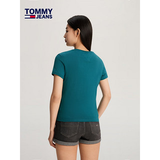 TOMMY JEANS【美式休闲】24春夏女装纯棉刺绣修身净色短袖T恤17827 蓝绿色CT0 S