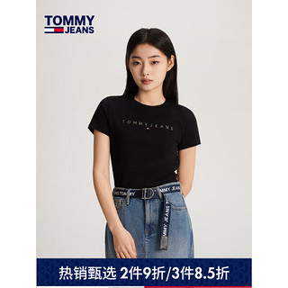 TOMMY JEANS【美式休闲】24春夏女装纯棉刺绣修身净色短袖T恤17827 黑色BDS S