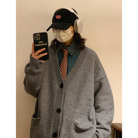 至唯 针织开衫外套男秋季慵懒风v领毛衣oversize韩系风格穿搭宽松上衣 灰色 XL【130-150斤】