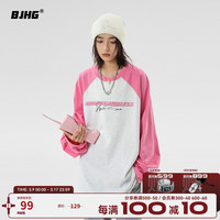 BJHG不计后果 美式插肩长袖T恤女春季2023潮流圆领内搭宽松打底衫 桃粉色 S