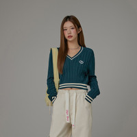 CHUU刺绣字母扭花针织衫女2024年春季设计感V领长袖短毛衣 藏青 均码