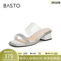 百思图(BASTO)2024夏季新款时尚气质闪钻舒适粗跟女休闲凉拖鞋TS107BT4【预售】 透明/