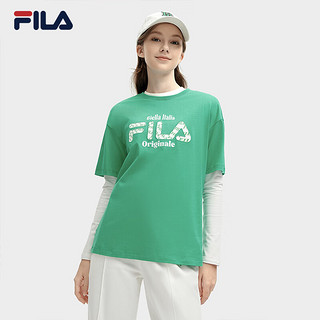 FILA 斐乐女子针织短袖衫2024春休闲宽松撞色LOGO纯棉T恤 西瓜皮绿-GN 175/92A/XL