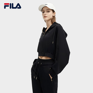 FILA 斐乐 女士针织连帽外套2024春时尚纯棉运动短款上衣 正黑色-BK 165/84A/M