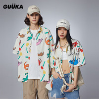 古由卡(GUUKA)猫系列潮牌短袖衬衫男春新款 情侣轻薄舒适可爱猫咪印花上衣宽松 白色