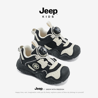 Jeep男童鞋子春秋款2024春款软底透气男孩网面童鞋儿童运动鞋 米黑 33码 鞋内约长21.2cm