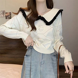 韩版新款撞色娃娃领长袖针织衫女短款设计感小众显瘦上衣女