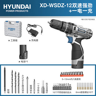 HYUNDAI手电钻锂电钻电动螺丝刀家用充电式手钻电起子电动工具 12V【双速塑盒】1电壕华套