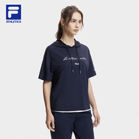 斐乐(FILA)官方女子针织短袖连帽上衣2024夏季新款健身运动宽松T恤 RD宝蓝-NV 1