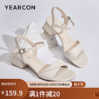 移动端：YEARCON 意尔康 女鞋一字带粗跟高跟鞋透气时尚凉鞋26442W 米白 39