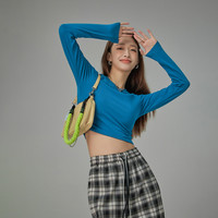 CHUU露背T恤女春季辣妹别致纯色圆领正肩短款上衣 海军蓝2 均码