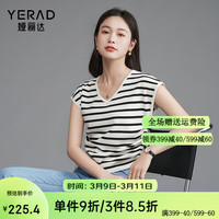 娅丽达(YERAD)复古v领条纹针织短袖T恤女2024夏季新款抽绳小飞袖短上衣 黑色 (A0) XXL