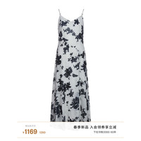 ochirly欧时力 丝绒烧花印花吊带连衣裙女2024早春长裙法式 白底黑 M