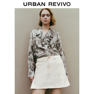 URBAN REVIVO UR2024春季女新中式水墨晕染印花荷叶边开襟衬衫UWL240014 浅灰棕印花 S