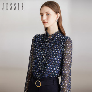 JESSIEJESSIE气质木耳边系带领印花长袖小上衣女春 蓝色 S