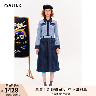 PSALTER 诗篇 奥莱2024春花纱羊毛假两件条纹牛仔针织裙连衣裙 冰蓝 36