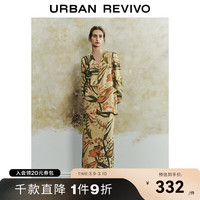 UR2024春季新款女装时尚撞色印花灯笼袖V领开襟衬衫UWH240029 姜黄印花
