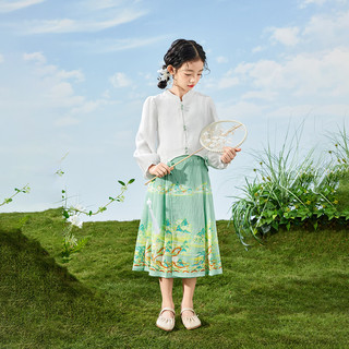 茵曼（INMAN）中国风马面裙套装女童衬衫24春装裙子中大童公主裙汉服 浅绿色 140cm