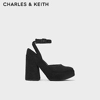 CHARLES&KEITH24春季绒布腕带方头防水台高跟鞋CK1-60280425 BLACK TEXTURED黑色纹理 38